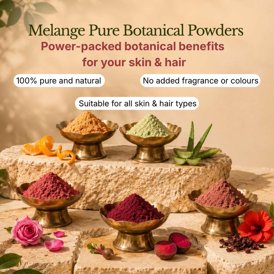 Melange Care pure botanical powders for skin and hair care 100 percent natural no added fragrance or colours India
