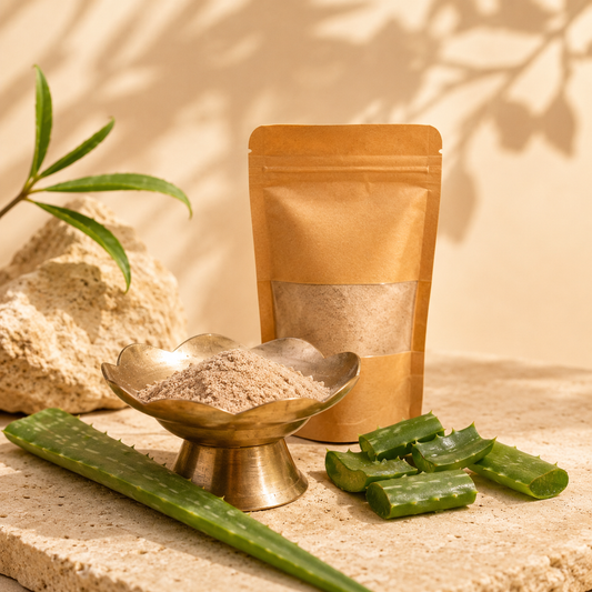 Pure Aloe Vera Powder by Melange Care with fresh aloe vera leaves for DIY beauty rituals