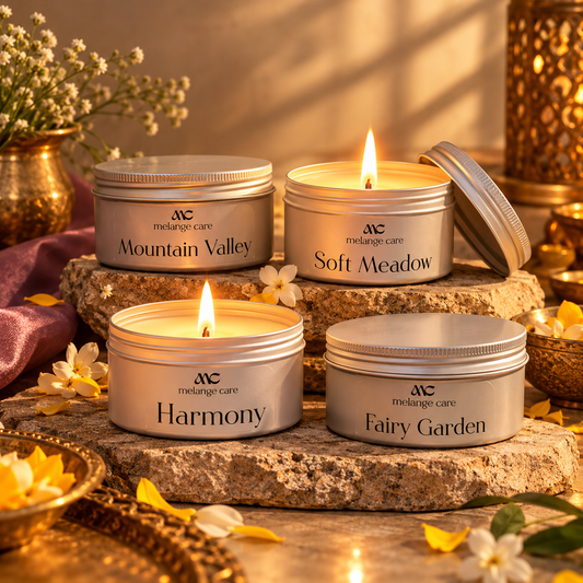 Handmade Diwali gift set of 4 natural soy wax candles with sage, jasmine-rose, lavender and patchouli essential oils