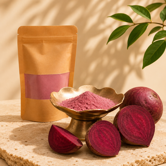 Pure Beetroot Powder by Melange Care displayed with fresh beetroot for DIY face packs and hair masks