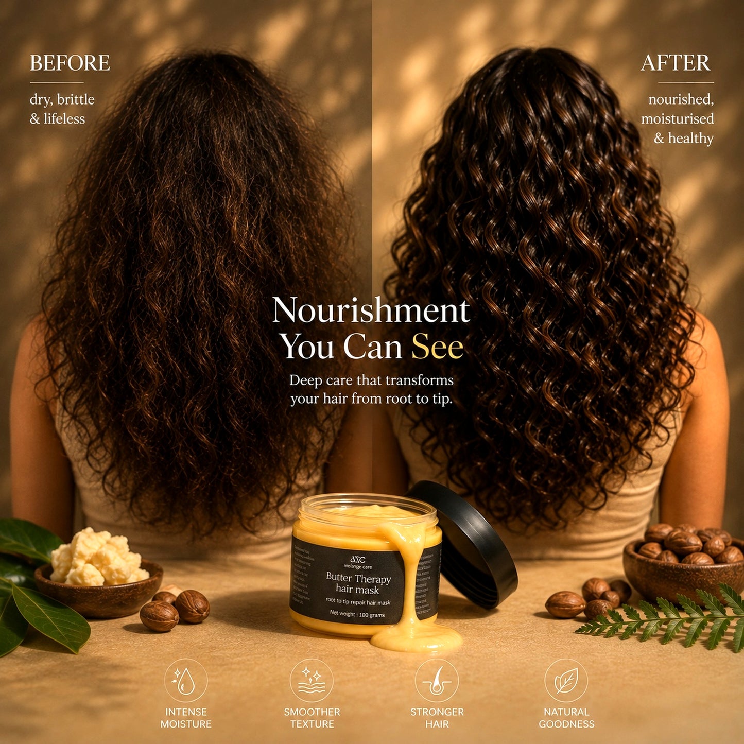 Butter Therapy Hair Mask before and after showing dry brittle curly hair with a more nourished, moisturised and defined appearance