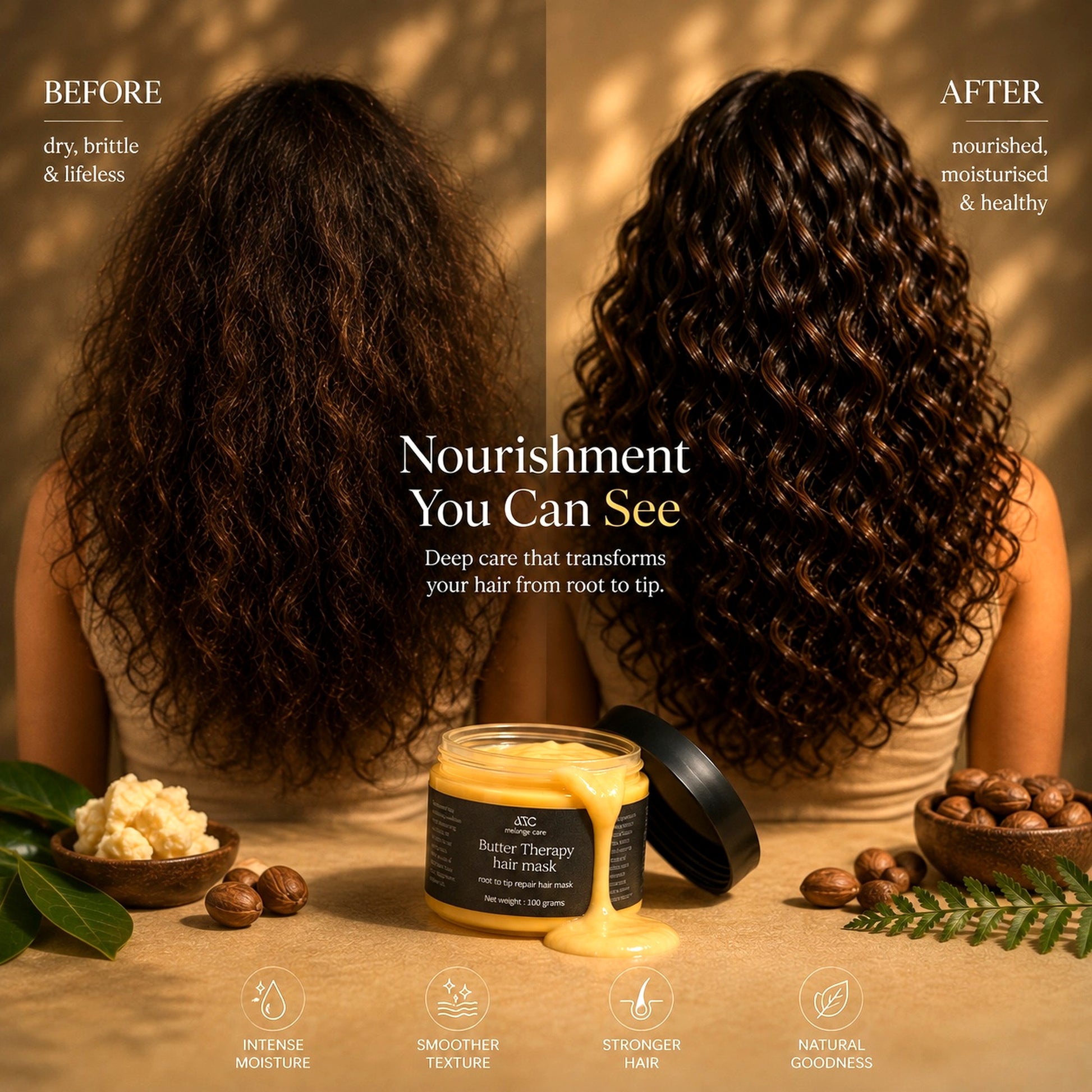 Butter Therapy Hair Mask before and after showing dry brittle curly hair with a more nourished, moisturised and defined appearance