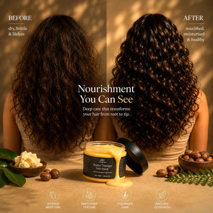 Butter Therapy Hair Mask before and after showing dry brittle curly hair with a more nourished, moisturised and defined appearance