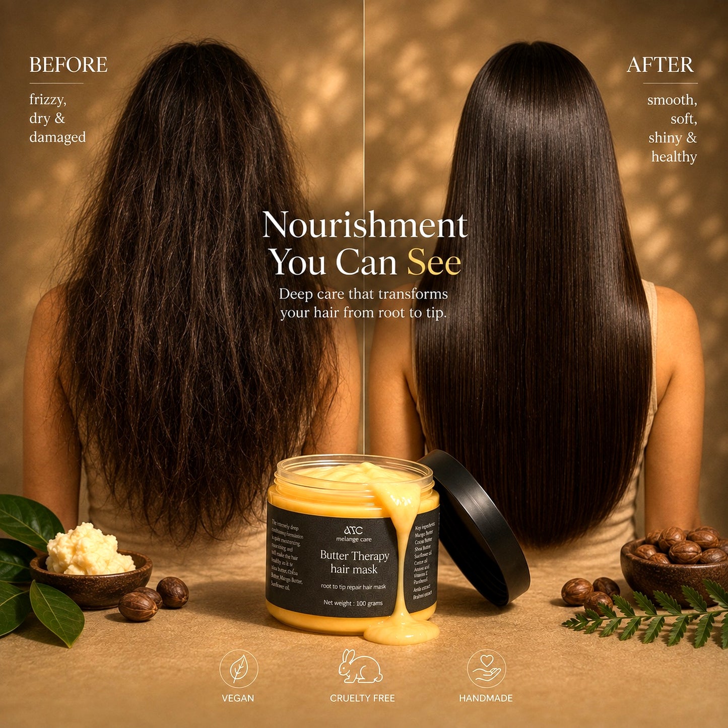 Butter Therapy Hair Mask before and after showing frizzy dry hair transformed into smoother, softer and shinier straight hair