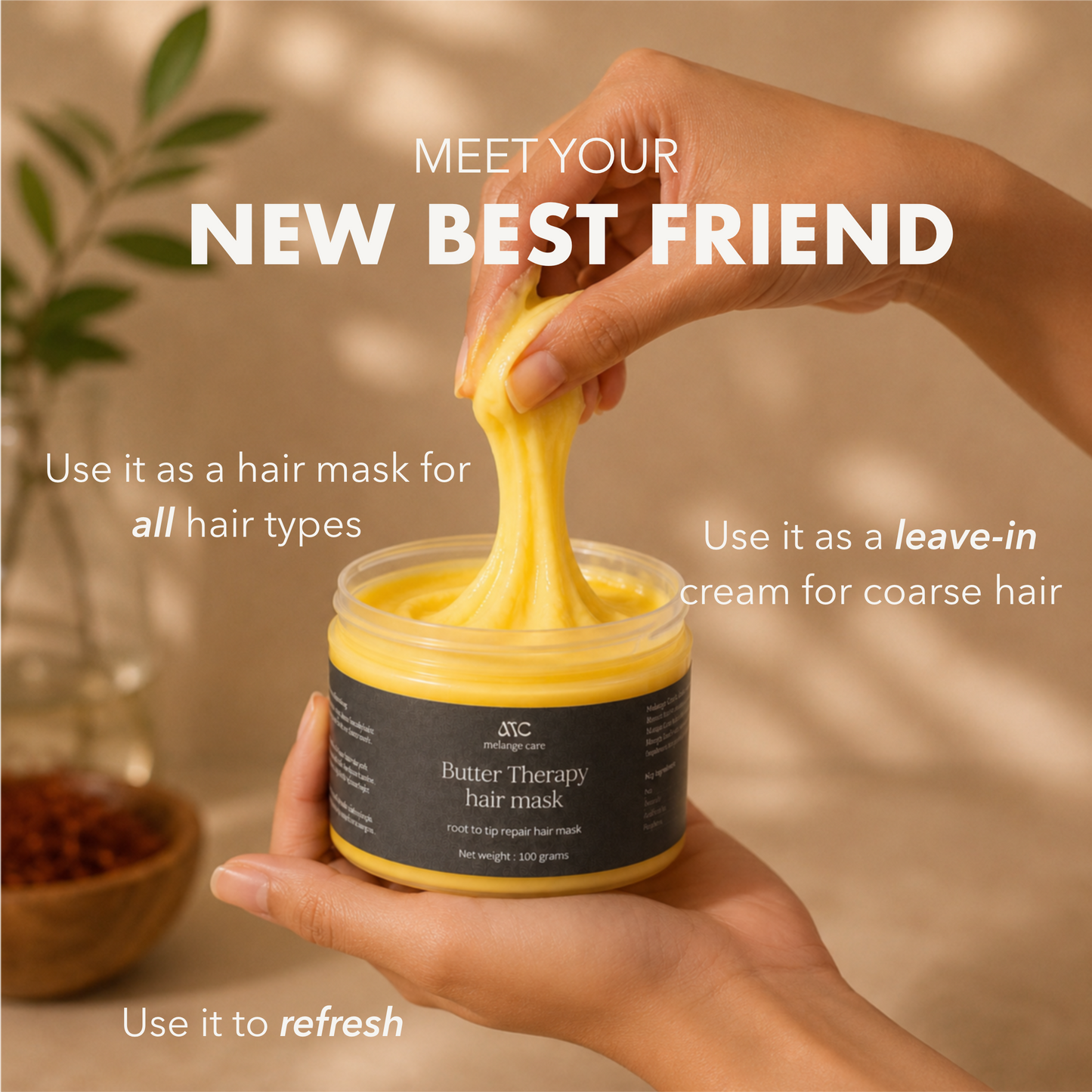 Melange Care Butter Therapy multipurpose hair mask for all hair types, also usable as a leave-in cream and hair refresher
