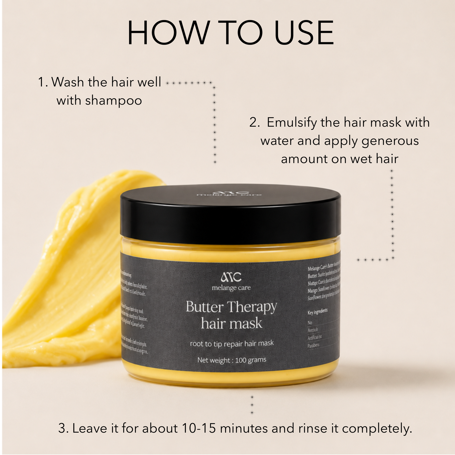 How to use Melange Care Butter Therapy Hair Mask on wet hair after shampooing