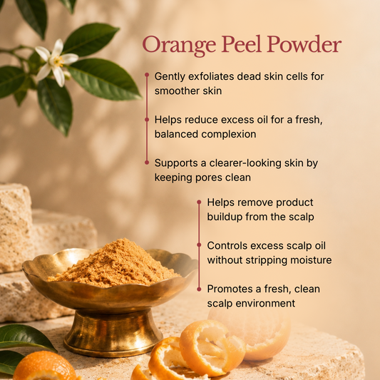 Melange Care orange peel powder for gentle skin exfoliation clear pores and clean scalp India
