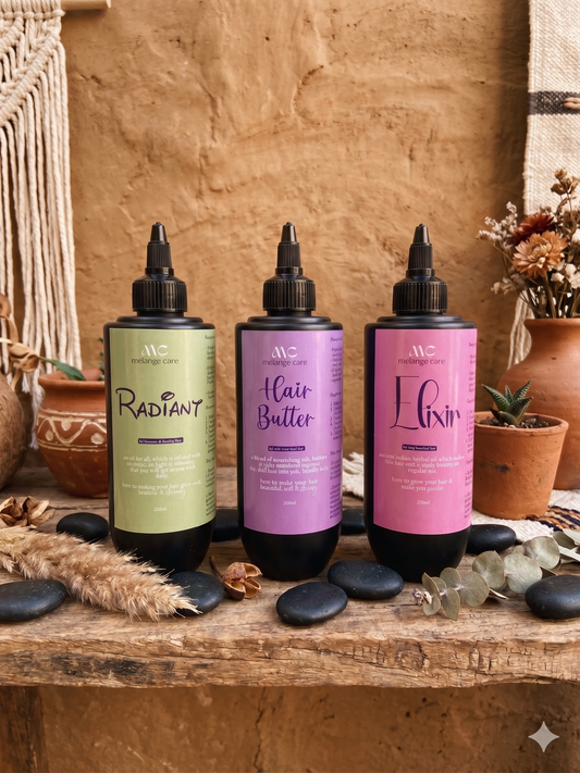 Melange Care Signature Trio featuring Elixir, Radiant and Hair Butter 