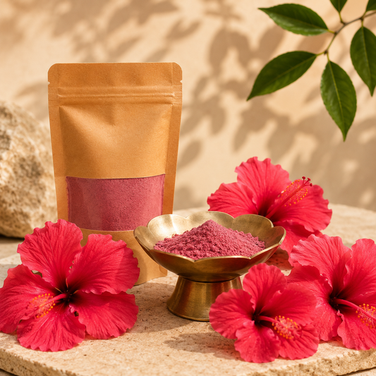 Pure Hibiscus Powder by Melange Care displayed with fresh hibiscus flowers and botanical ingredients